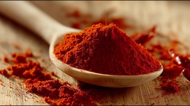 Vibrant red chili powder overflowing from a wooden spoon on a rustic surface showcasing rich color and texture for culinary themes and spice advertising