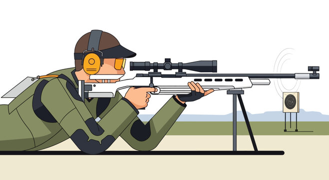 Athlete aiming sniper rifle on bipod at target, competitive shooting sport