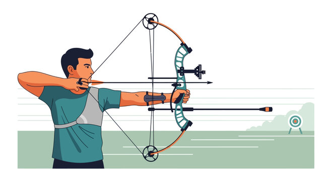 Archer aiming bow and arrow at target, practicing sport outdoors