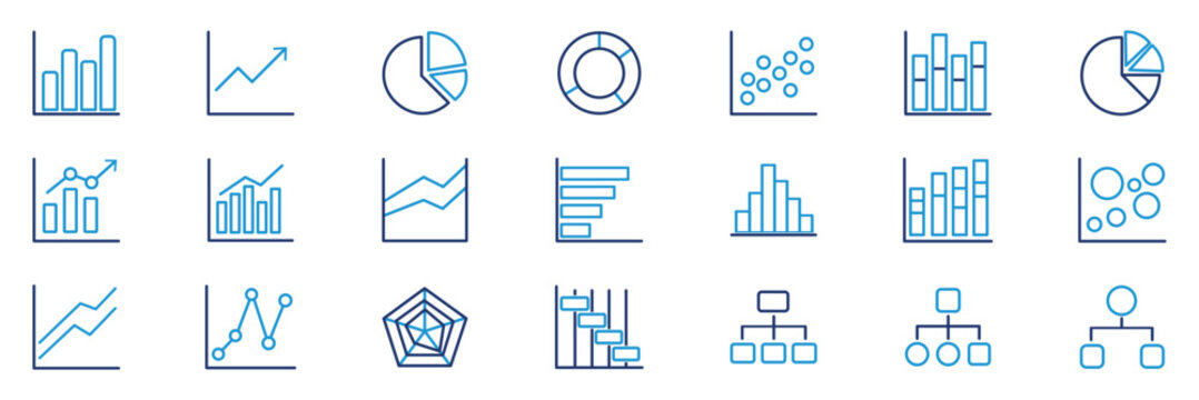 Data Analytics and Business Chart Line Icon Set with Financial Graphs Statistics and Dashboard Elements Minimal Two Tone Vector Illustration for UI UX Web Design. Minimalist Pie Chart Icon Set Vector