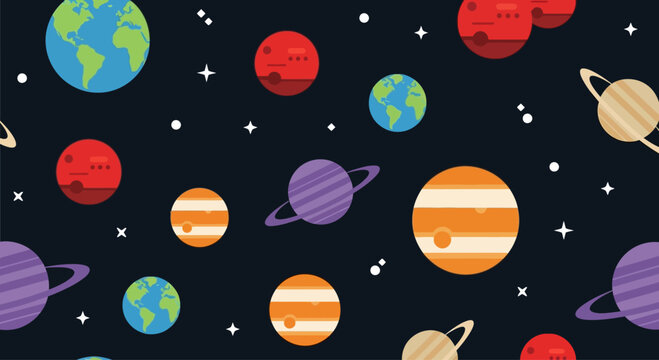 Colorful Planets and Stars Seamless Pattern, Space Galaxy Universe Background