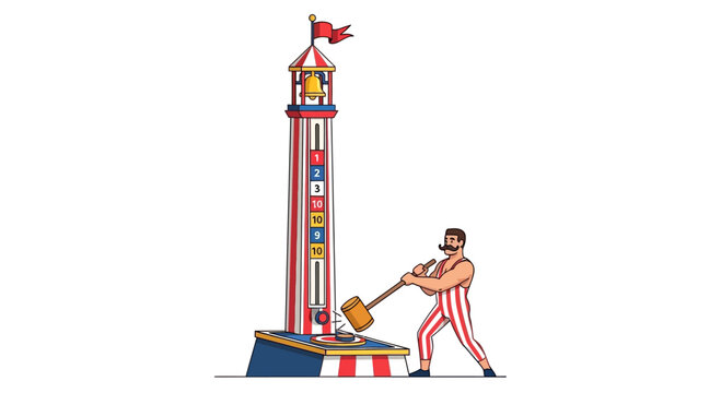 Strongman hits high striker game with mallet at carnival, bell rings at top