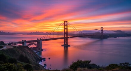 Obraz premium Iconic suspension bridge spans water at vibrant sunrise, skyline in distance