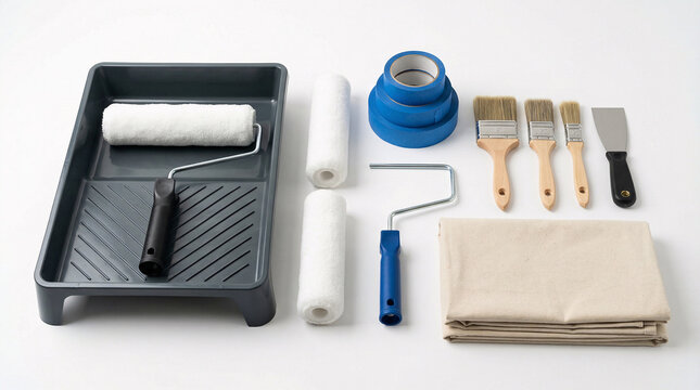 A set of painting tools and supplies on a white surface isolated on white background