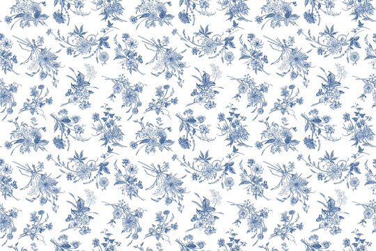 A seamless blue floral pattern on a white background with repeating designs of flowers and leaves