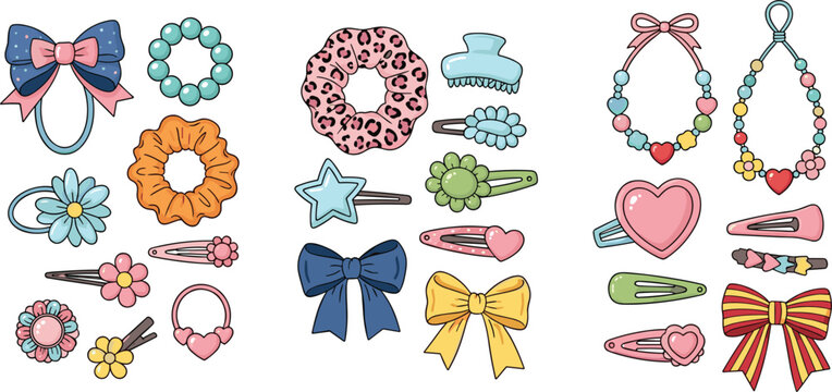 Cute hair accessories vector set with bows, clips, scrunchies, bracelets and colorful girly fashion elements in playful cartoon flat illustration style