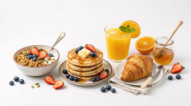 A delicious spread of breakfast foods including pancakes and croissants isolated on white background