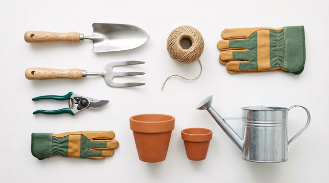 A collection of gardening tools and accessories isolated on white background