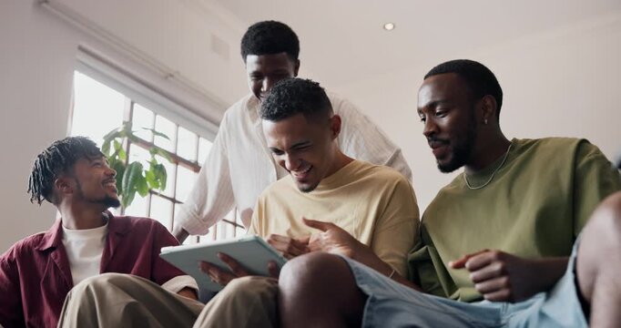 High five, United Kingdom flag and tablet with friends on sofa in home living room. Celebration, Great Britain and support with excited fan people in apartment for streaming or subscription service