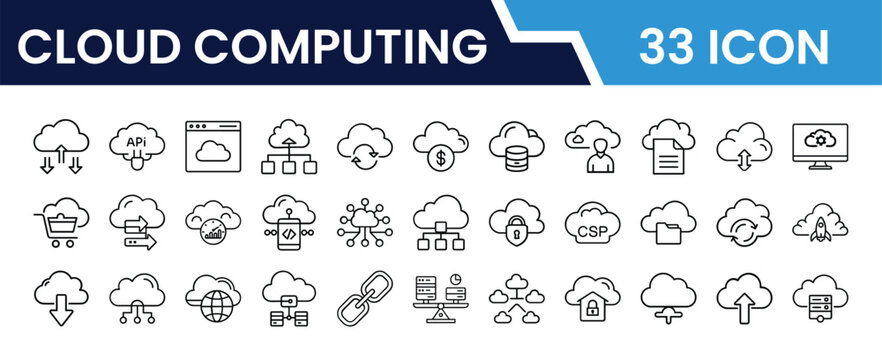 Outline Cloud Computing Icon Set in Line Art Style for Cloud Storage, Server, Data Center, Network, Virtualization, SaaS, PaaS, and Digital Interface Design