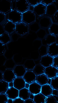 Blue glowing hexagons on a black background in a sleek futuristic tech-inspired wallpaper