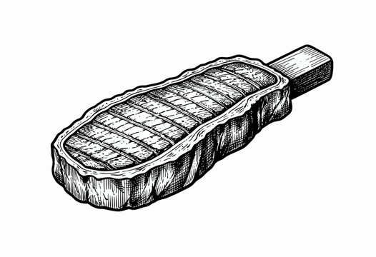 Detailed black and white sketch illustration of a cooked steak on a wooden cutting board for restaurant menus culinary graphics and barbecue design.