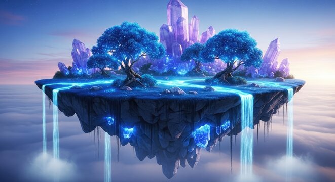 Fantasy floating island with crystal formations.