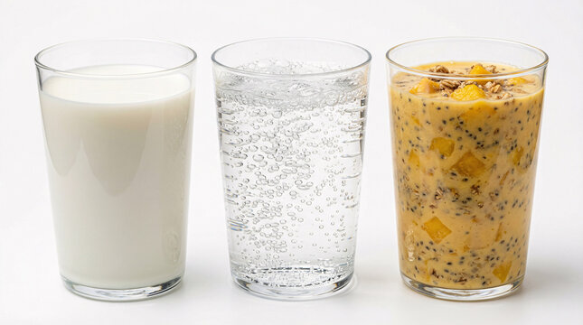 Three glasses of different liquids on a table isolated on white background