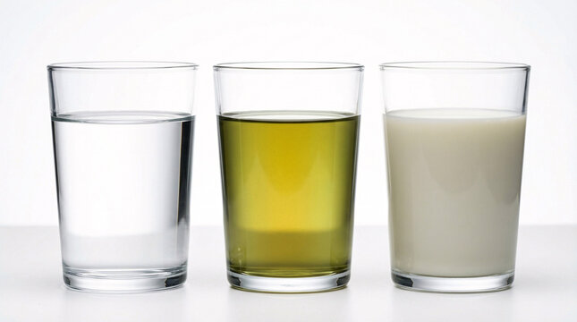 Three glasses of different liquids isolated on white background