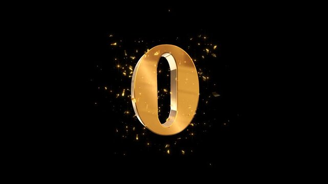 number zero gold 3d text with golden confetti and shiny star glitter alpha channel animation, birthday anniversary party and winner celebration motion design element