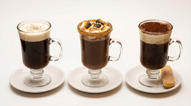 Three different types of coffee drinks on saucers isolated on white background