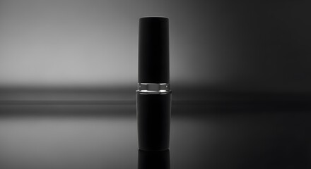Obraz premium Luxurious Black Cylindrical Product Packaging with Silver Accents on Reflective Dark Surface