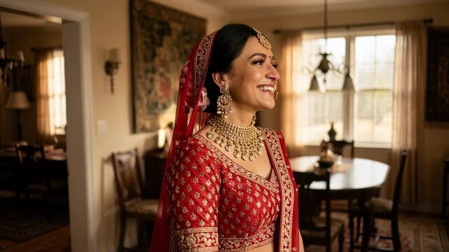 Cinematic portrait of a stunning Indian bride wearing traditional ornaments and makeup displaying pure joy, ideal for luxury wedding editorials