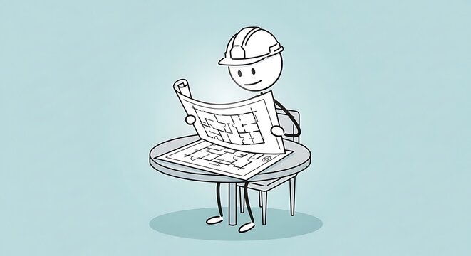 Cartoon character reading a blueprint.
