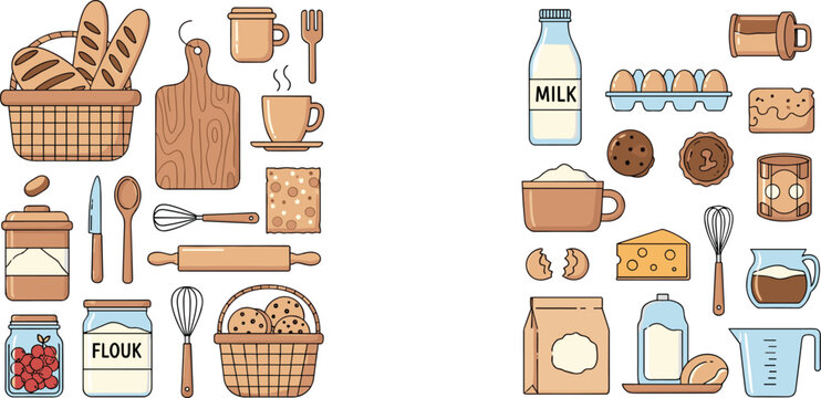 Hand drawn bakery and kitchen elements vector set with bread, milk, eggs, utensils and baking ingredients in flat cartoon style illustration