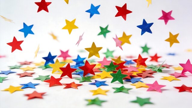 Colorful paper stars scattered on white