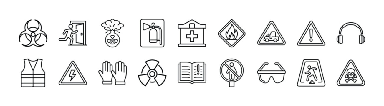 Collection of various safety and hazard warning signs depicting potential dangers