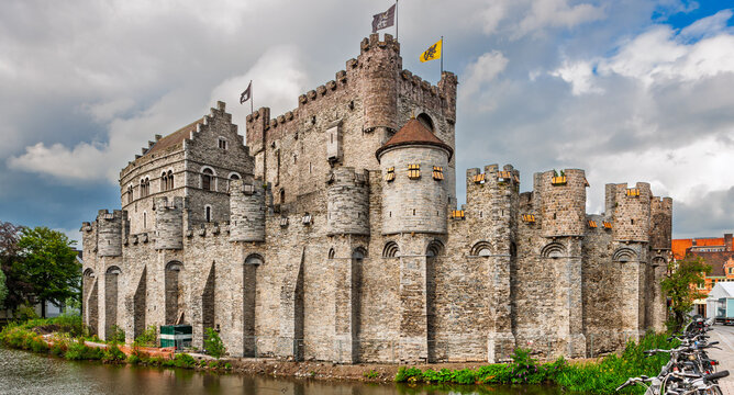 Gravensteen, Castle of the Counts in Ghent, Belgium. Preserved 10th-century moated castle with a very turbulent political and social history.