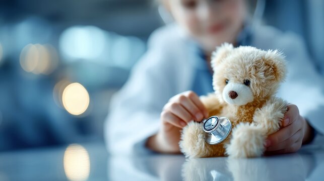 Child using stethoscope to examine teddy bear in pediatric clinic