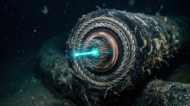 Submarine fiber optic cable cross-section, glowing with blue light, revealing intricate armored layers. Global communication infrastructure.