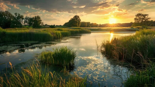Golden sun dips over tranquil river. Reeds sway gently beside reflective water. Trees frame the horizon in warm hues. Sky glows with soft amber and soft clouds