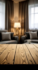 Fototapeta premium Rustic wooden table surface in front of a cozy blurred living room interior with warm lighting and comfortable seating area