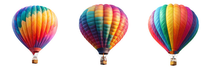 Fototapeta premium Set of bright red and yellow hot air balloon in mid-air on transparent png background. Ai generated