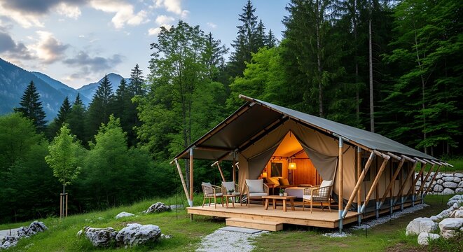 Luxury tent in a scenic natural environment with mountains and lush greenery