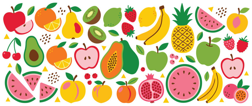 Healthy fruits banner design, cartoon style vector illustration for kids.