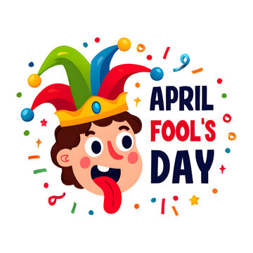 Colorful illustration of a jesters head with april fools day text on white background
