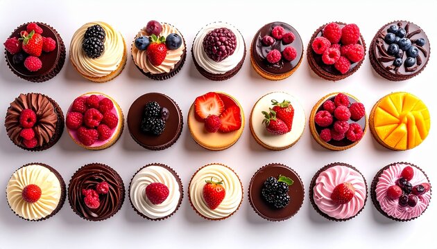 白背景に整列したミニケーキ俯瞰写真