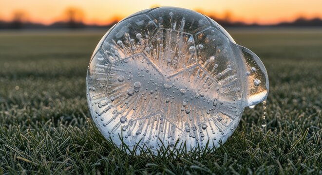 Frozen bubble on green grass field.