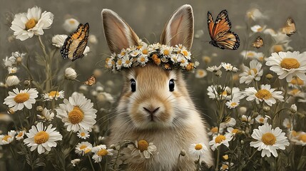 Fototapeta premium Adorable Fluffy Rabbit Wearing Daisy Flower Crown in Spring Meadow 