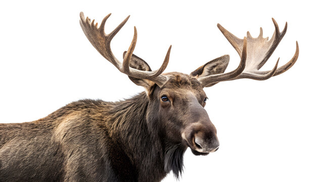 Majestic Bull Moose with Large Antlers Walking Isolated on White Background