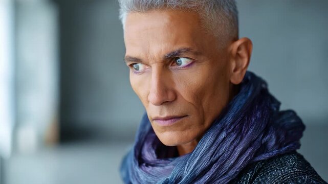A striking portrait capturing a mature man's intense gaze, showcasing his silver hair and sophisticated attire, highlighting emotions and personality in every detail.