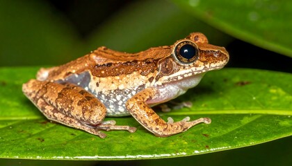Obraz premium Close-up of a small frog with brown and tan markings on a vibrant green leaf