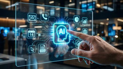 Fototapeta premium Digital Interface of the Future: A person's hand interacts with an illuminated digital interface, featuring an AI icon amidst a network of app symbols, heralding an era of advanced technology.
