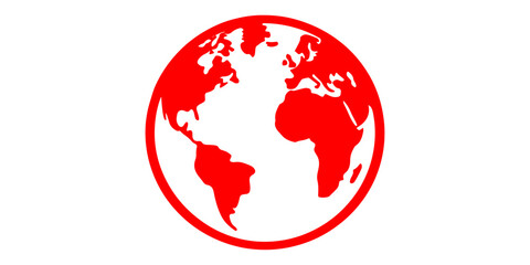 A 3d illustration of a red button featuring a global world map sphere showing the blue ocean and green land continents of Earth in a travel business icon concept © hossain