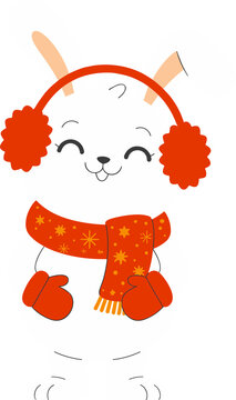cute cartoon fox in winter scarf and earmuffs smiling cheerfully