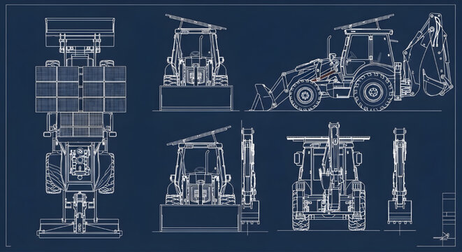 Backhoe Loader with Solar Panel AutoCAD Blueprint &ndash; Multiview Construction Machine Technical Drawing White Outline on Dark Blue