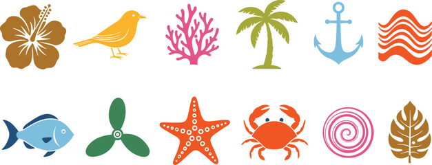 Tropical and marine icon set featuring hibiscus flower, bird, coral, palm tree, anchor, fish, starfish and ocean elements vector illustration © Jahangir