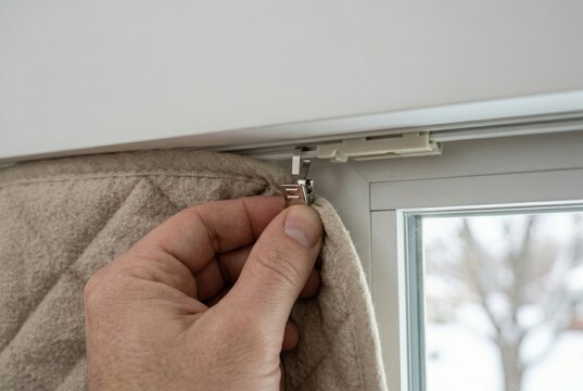 Installing thermal curtain clip on window track to reduce heat loss and improve home retrofit efficiency
