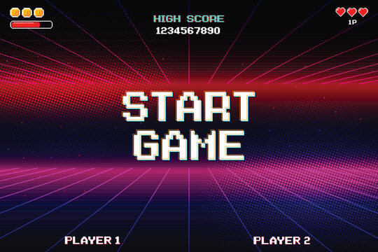 START GAME. Retro Futurism Sci-Fi Background. glowing neon grid and star from vintage arcade computer games