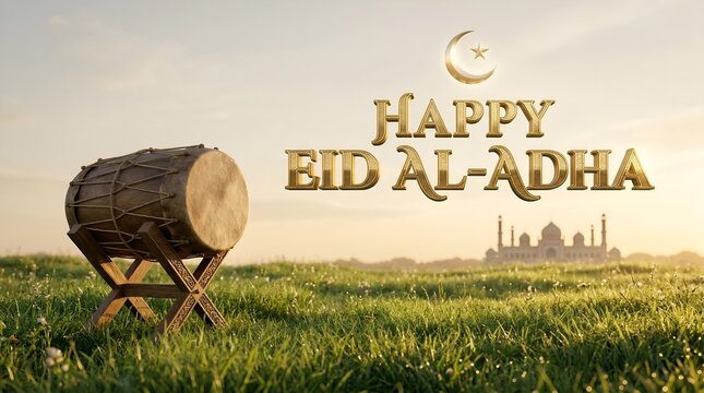 Bedug Drum on Green Field with City Skyline and Happy Eid al Adha Gold Typography Outdoor Scene